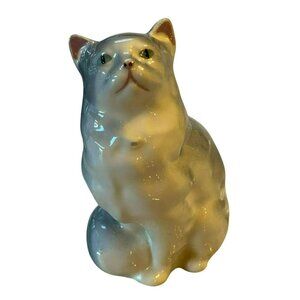 Robert Simons Vintage Ceramic Cat Figurine 4" Blue Gray White Green Eyes